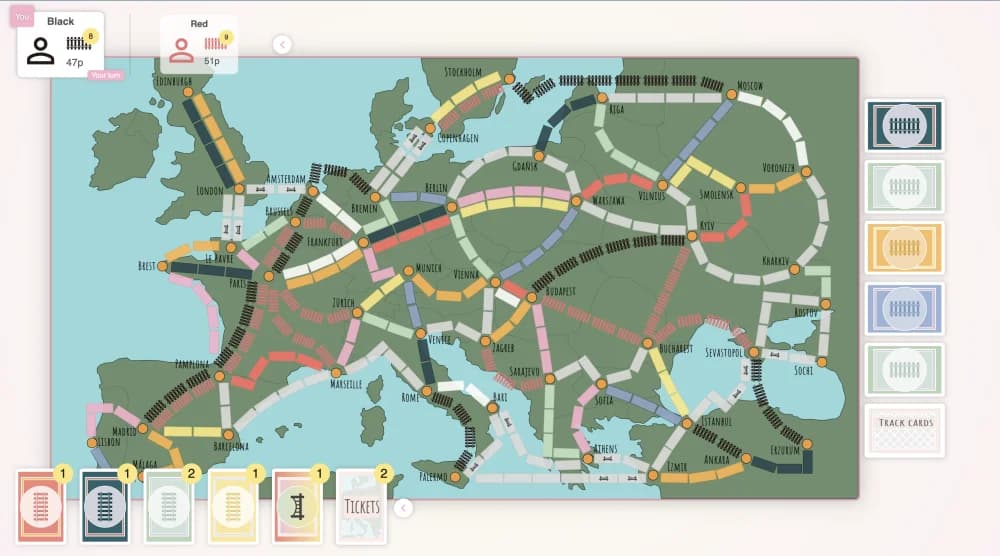 EnRoute game board with many routes built